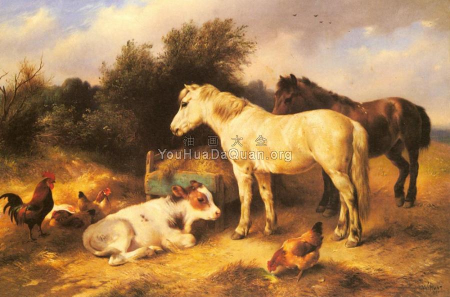 Ponies, A Calf and Poultry In a Farmyard - 沃尔特·亨特
